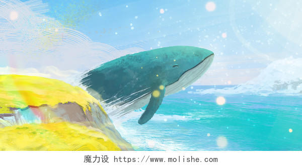 唯美梦幻手绘夏日夏天海岸鲸鱼风景插画素材